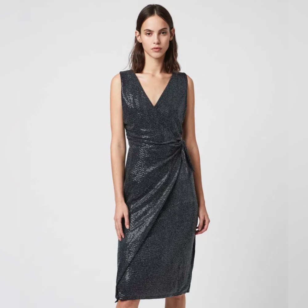 AllSaints Womens Allegra Faux Wrap Shimmer Sheath Dress Party Cocktail Size 6